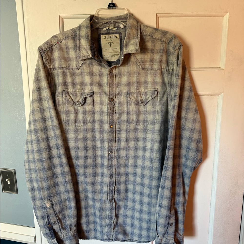 Vintage GUESS JEANS Pearl Snap Western Shirt Shadow Plaid Flannel - XL